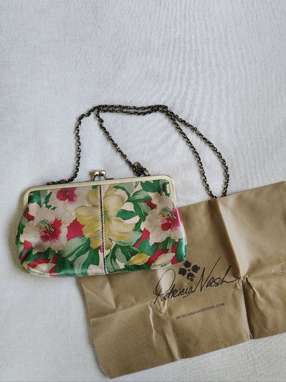 Patricia Nash Floral Leather Clutch With Chain & Dustbag
